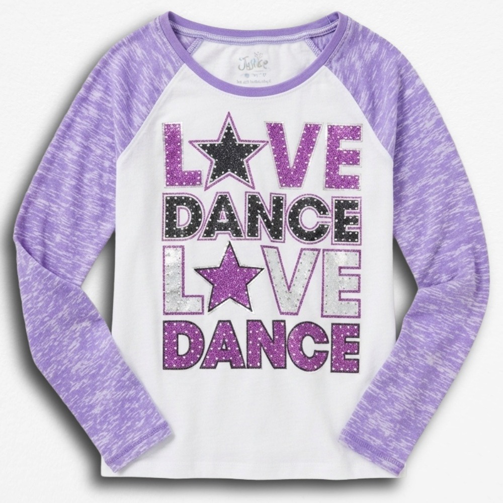 Justice Girls Love Dance Graphic Raglan Tee Purple Space Dye Long Sleeve Size 10